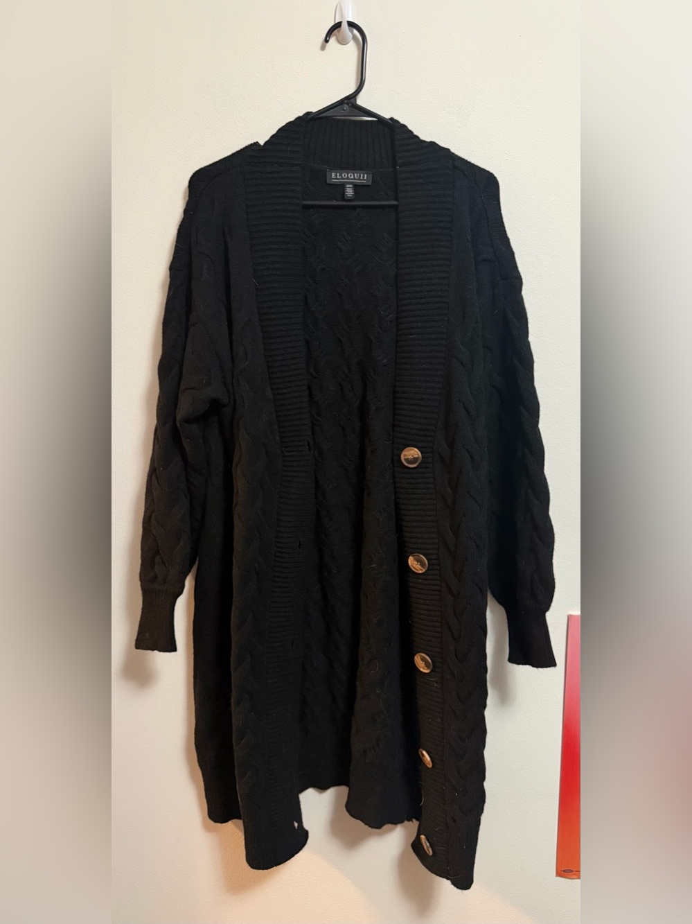 Eloquii Black Cable‎ Knit Long Cardigan with Gold Buttons